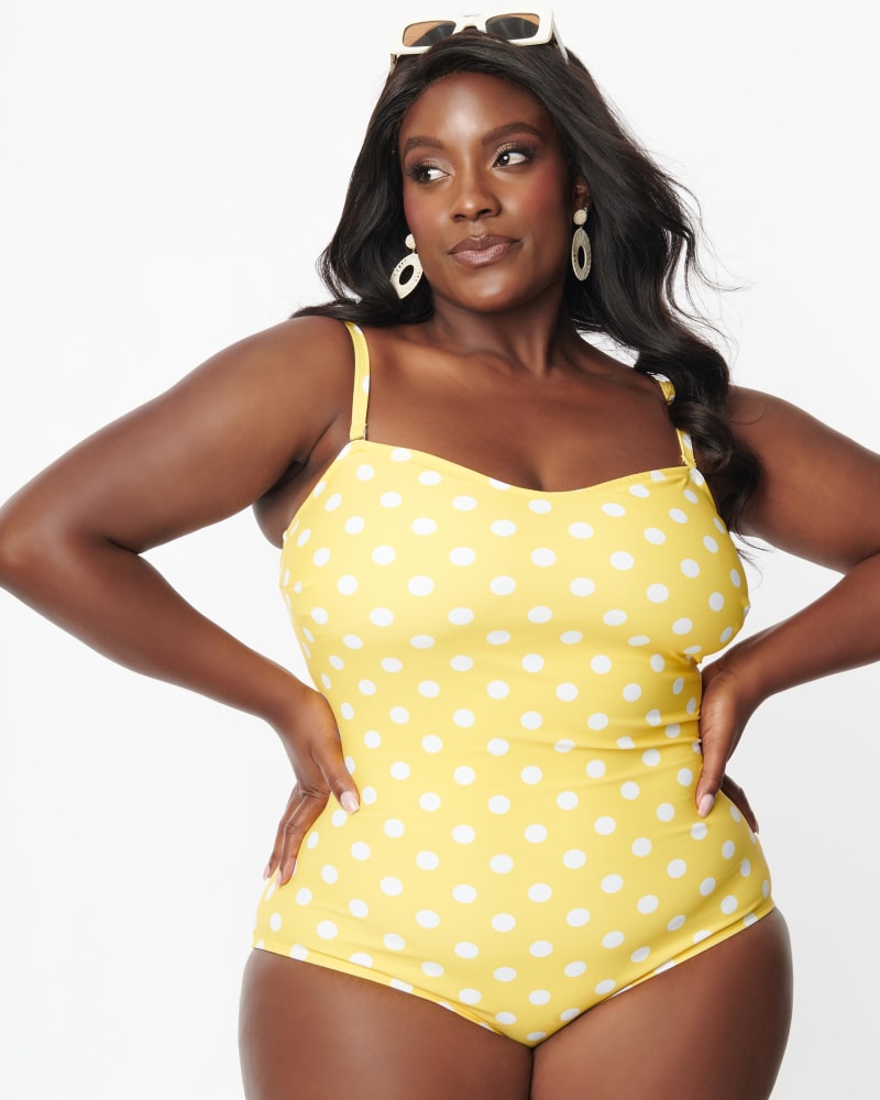 Front of a model wearing a size 3X/20 Unique Vintage Plus Size Yellow Polka Dot Barbara One Piece Swimsuit in Yellow Polka Dot by Unique Vintage. | dia_product_style_image_id:269927